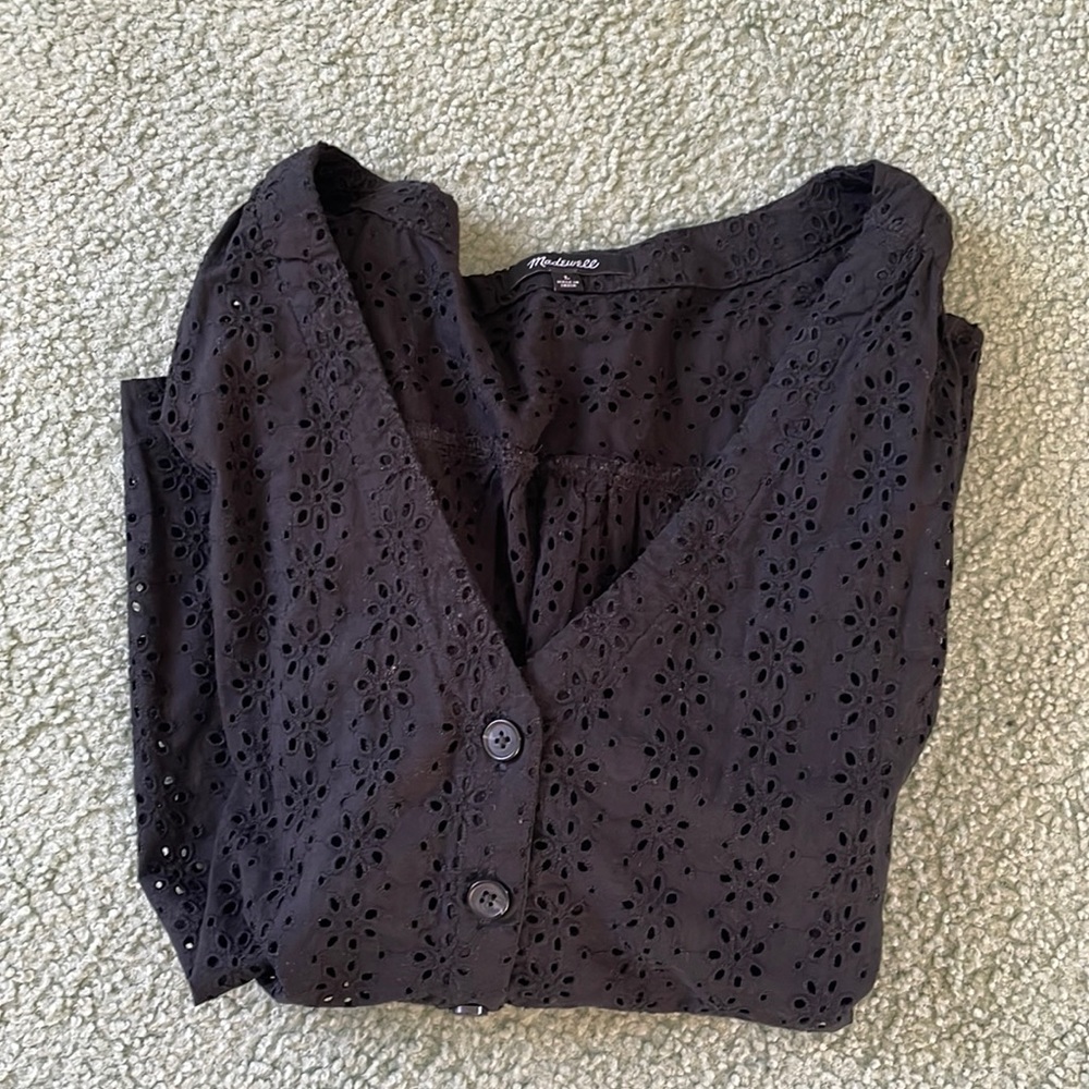 Madewell black blouse with little flower cutouts